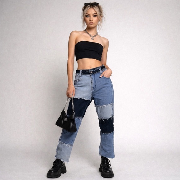Jeans (tagged) Denim - Patchwork Colorblock Jeans XXL Raw Edge Upcycled Denim Y2K Streetwear